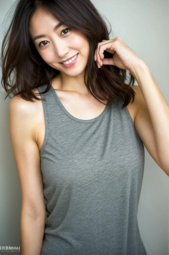 You are a professional photographer。future、Beautiful Eyes、 ((Highest quality)), Clear contours, Woman with beautiful face, (((One Girl,alone))), ((Beautiful Eyes)), Sex Appeal,Albedo and Specular Maps、Accurate simulation of lightweight material interactionr.々A woman who takes a pose, Thin tank top, , Kazami Yuuka, Complicated costumes, Light Smile、perfect body、Use space wisely