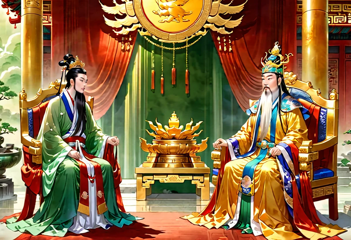 show a meeting between 2 people, a jade Emperor seated on a magnificent golden throne in the heavenly realm looks to a young farmer who is in simple clothing stands respectfully before him