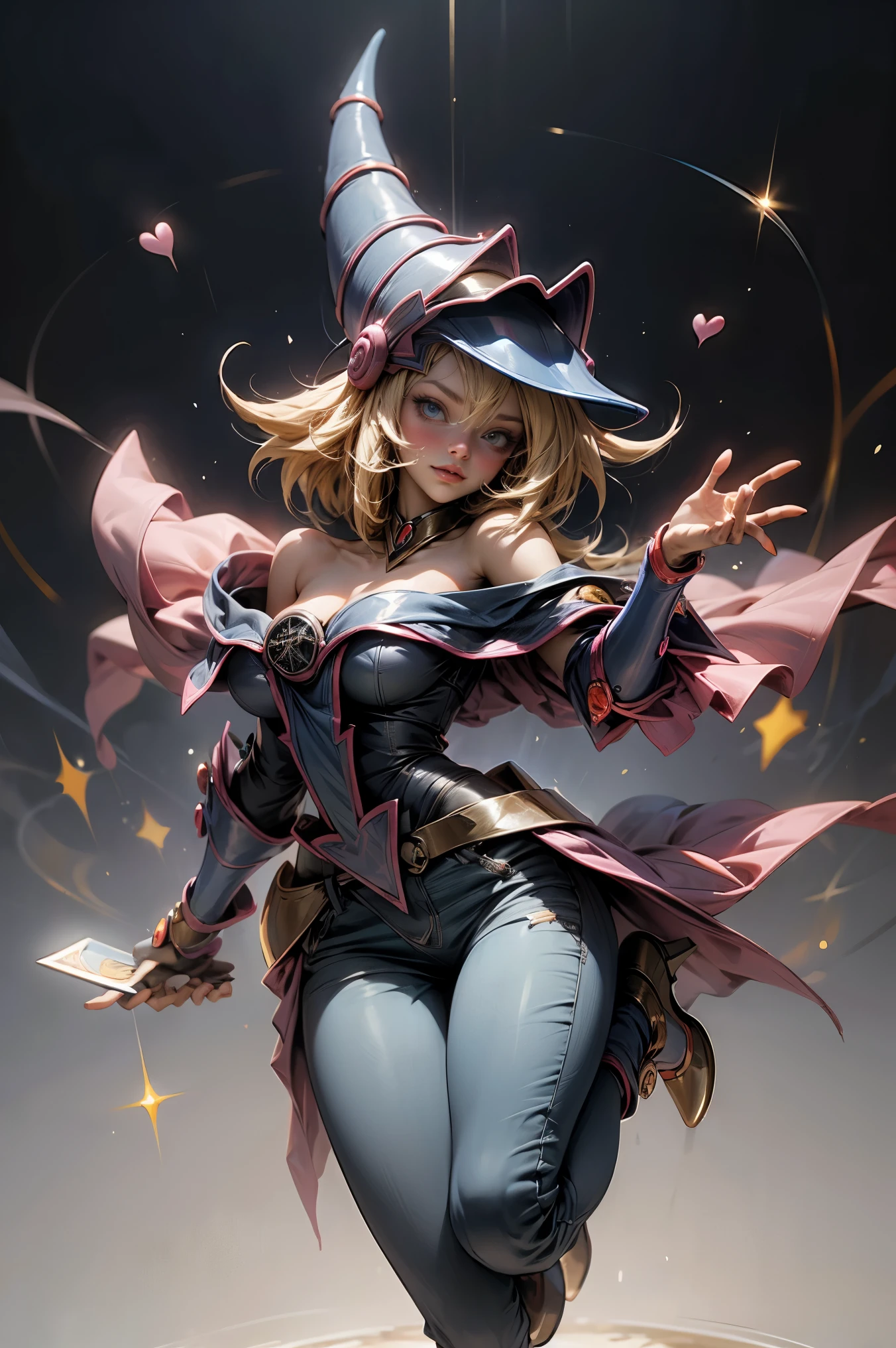 (obra maestra:1.2), (La mejor calidad:1.2), perfect lighting, Chica Maga Oscura lanzando un hechizo, en batalla. flotando en el aire, tetas medianas visibles, escote transparente, bata azul, sombrero grande, desde arriba, Destellos, Yugioh juego, The magic of the heart. LIGHTS OF THE HEART, Romantic heart. Ella usa tacones dorados. En tacones. Tacones, (chubby:1.2), (huge breasts:1.2),