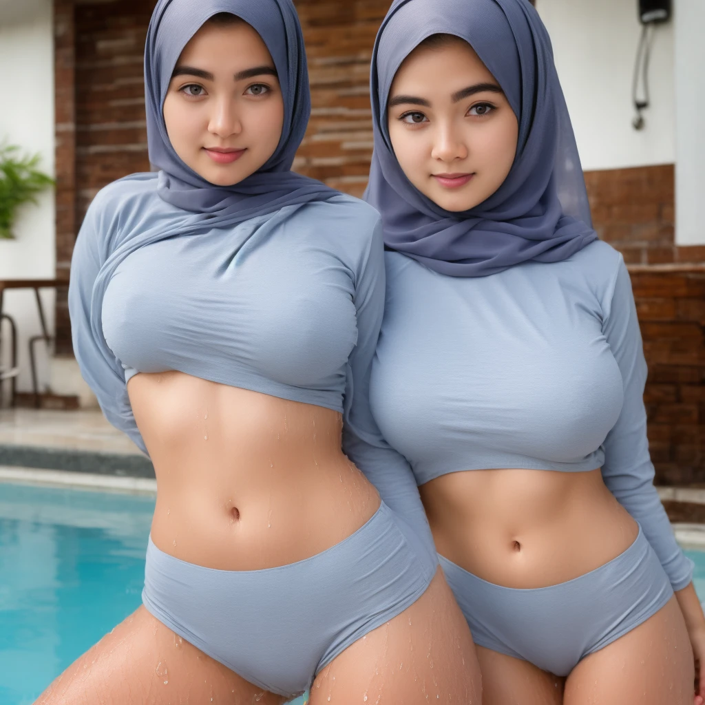  (Raw photo:1.2), (Photorealsitic), a beautiful detailed hijab girl, extremely detailed eye and face, beatiful detailed eyes, huge filesize, hight resolution, highly detailed, top-quality, [​masterpiece:1.6], illustratio, highly detailed, finely detail, top-quality, 8k wallpaper, Cinematographic lighting, 1 girl in frame, 17 age, perfect body type, medium breasts with tension、Cute drooping eyes、Beautiful big eyes、Sweaty and wet、【sexual excitement:1.8】、(the whole body is wet:1.2)、Light in the eyes、long sleeves tight full body shirt and legging 、(in the swimming pools)、((dynamic poses)),a 18 year old girl, ((wet body and shirt)), slightly chubby, hourglass body