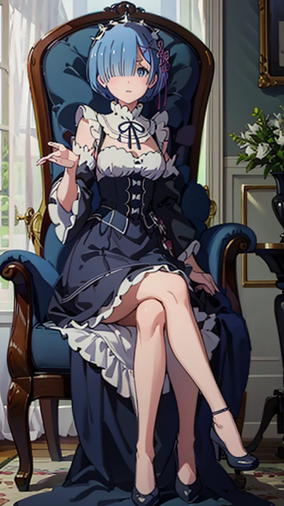 Detailed full HD 4K Rem sat in an armchair wearing a beautiful and long ball gown 