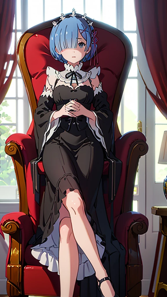 Detailed full HD 4K Rem sat in an armchair wearing a beautiful and long ball gown 