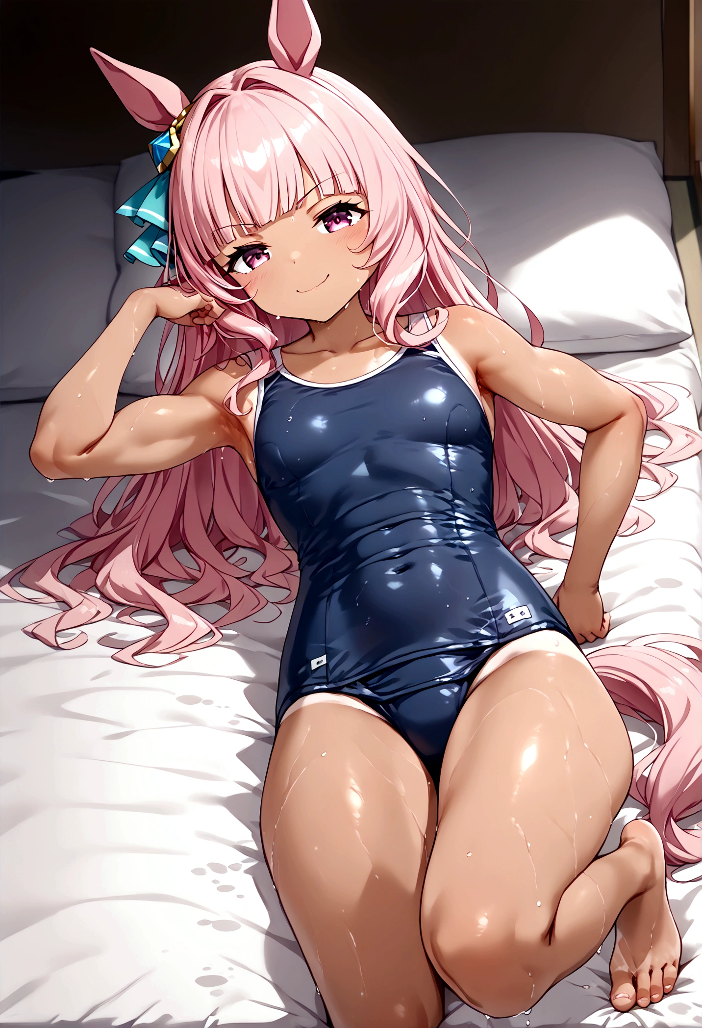(extremely young youthful tiny fastest agile child:1.4) Urara Haru\(umamusume\),1girl, small breasts, laying on viewer, tan, sweaty, (amidst a stunning massive toned extremely powerful strong pronounced muscle tone pronounced tight side-defined build:1.3) with slim narrow waist, wide muscular hips leaning forward,pointed, feet to viewer feet sole,horse girl, horse tail, Pink hair, Pink eyes, horse ears, long hair, Smug mouth, (toned tight hypermuscular supermassive swole abs toned pronounced Sixpack:0.6) ,nose (((solo, wearing a ultra-detailed realistic wet way too small tight Neopren Texture Naviblue one-piece Japanese small school swimsuit that has grown out of size much too small barely fits and presses the skin ab lines:1.4)))