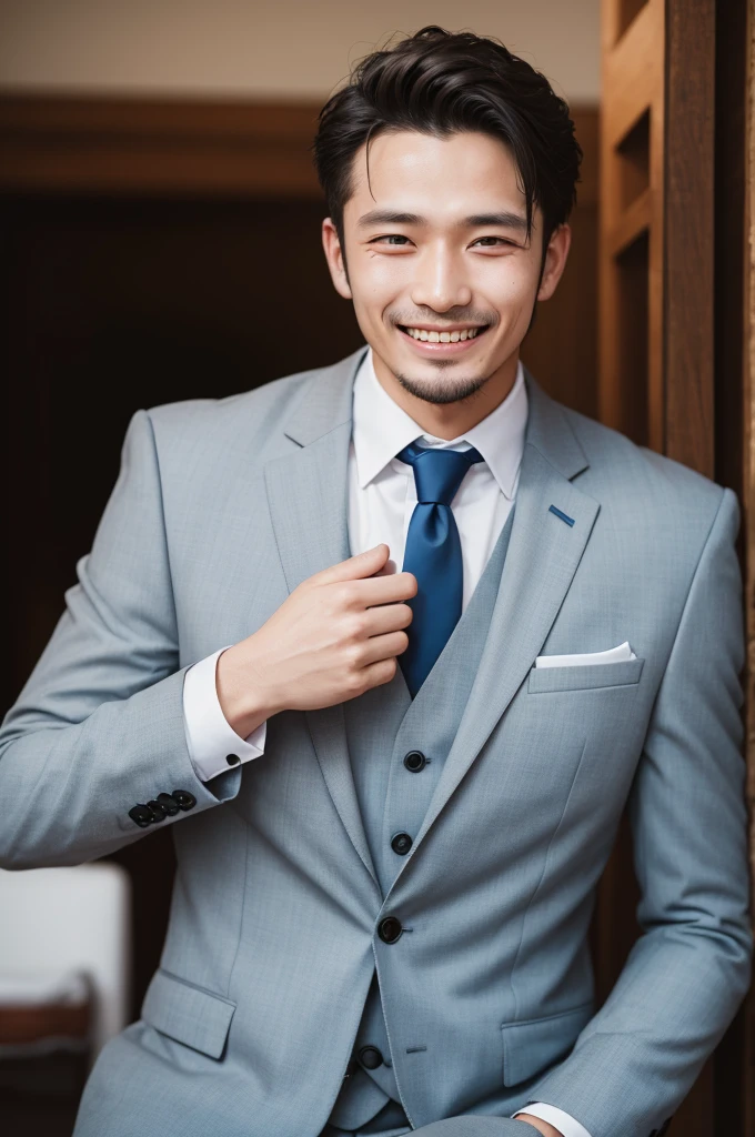 Very ugly man smiling wearing suit at wedding