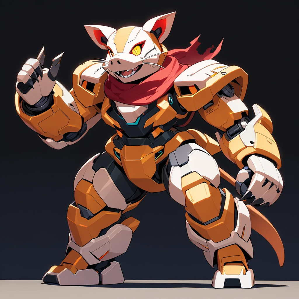 no humans, robot, mecha, non-humanoid robot, robot animal, black background, science fiction, solo, tail, glowing, yellow eyes, mechanization, whiskers, claws, standing, simple background, mechanical tail, machinery, open mouth, over-kneehighs, parody, pig, plump, red footwear, red scarf, running, scarf, shadow, sharp teeth, shoes, short hair, size difference, smile, sneakers, teeth, thighhighs, torn clothes, torn thighhighs, white footwear, white thighhighs, sfw, masterpiece, best quality, very aesthetic, absurdres