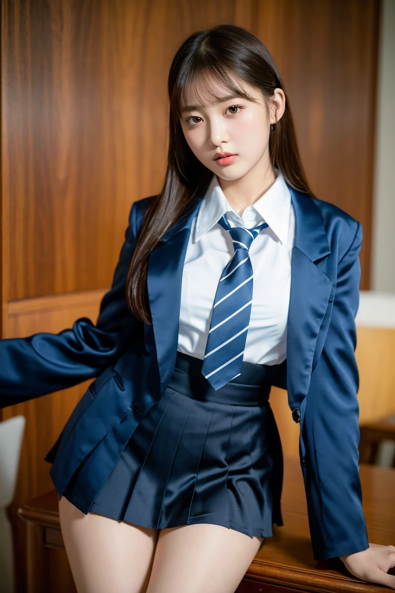 (8K), (Highest quality: 1.2), (Realistic), (Realistic: 1.37), Ultra-high resolution, 1 Girl, cute, face, Mouth closed, Beautiful details, Beautiful Nose,Beautiful Hair,Long Tail,Big thighs,chest,High school uniform,A simple dark blue satin blazer,Satin White Blouse,tie,Pleated skirt,School,Cherry tree in full bloom,(スカートとtieの柄は濃紺のタータンチェック柄です..:1.3),(The check pattern on the skirt is a little small..:1.2),Close up on thighs,avert your eyes,