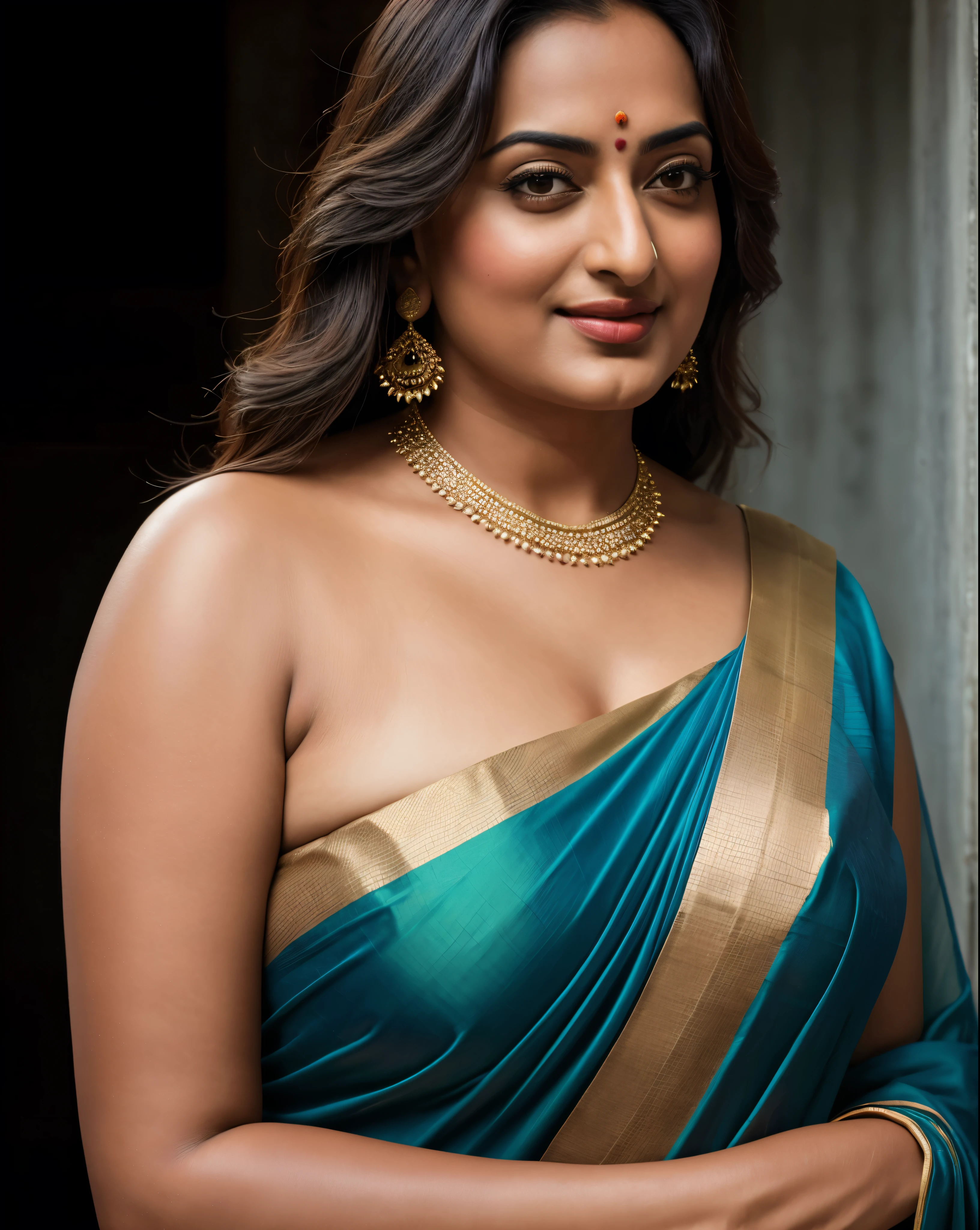 Foto RAW, photorealistic, photography, full body shot, 60 years old Woman, master shot, perfect eyes, goddess like beauty, pierced eyes, perfect thick chubby mallu Desi aunty bhabhi, Wearing a Stanapatta, a chest-band.Saree model, model Photography, Indian saree shoot, Indian traditional wear advertising photography, traditional wear brand shoot, face of Indian actress Sonakshi Sinha, masterpiece, realistic, realism, incredible details, pleasure, photorealism, detailed skin, skin pores, high contrast, photorealistic Artstation 8k HD digital art trend of high definition and detailed realistic skin texture, ultra detail, realistic skin texture, armature, best quality, ultra high definition, (photorealistic:1.4),, high resolution, detail, raw photo, sweat, Re sharp, by Lee Jefferies Nikon D850 Film Stock Photo 4 Kodak Portra 400 Camera F1.6 Lens Rich Color Ultra Real Realistic Realistic Textures Dramatic Lighting Unreal Engine Trending at Art Station Cinestill 800,(pele altamente detalhada: 1.2), 8k UHD, DSLR, soft-lighting, alta qualidade, grain of film, Fujifilm XT3,she didn't like to wear blouse or bra, she is happy to wear only saree, she hates blouse or bra, detailed hairy armpits, hyper realistic skin, skin pores, sweat, veins,