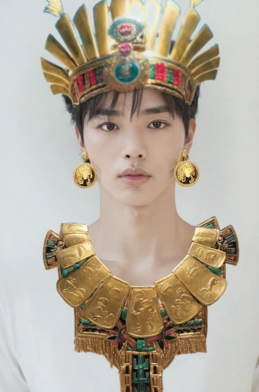 Hyunjun hur actor and kpop idol more realism in hair and clothing hair orange, Peru, inca Create a representation of an inca sitting on his throne, surrounded by riches and tributes. Imagine an Inca warrior leading his army into battle. Design a detailed portrait of an Inca dressed in his best outfits and jewelry. Draw an illustration of an Inca participating in a sacred ritual at a temple. Create an image of an Inca walking through the gardens of Machu Picchu, contemplating the majesty of the citadel. Design a mural that represents the daily life of the Incas in their empire. Imagine an Inca hunting in the Andes, surrounded by mountainous landscapes. Draw an illustration of an Inca celebrating a traditional festival with his people. Create an artistic representation of an Inca receiving tribute from different regions of the empire. Design a scene of an Inca consulting a shaman to make important decisions. 