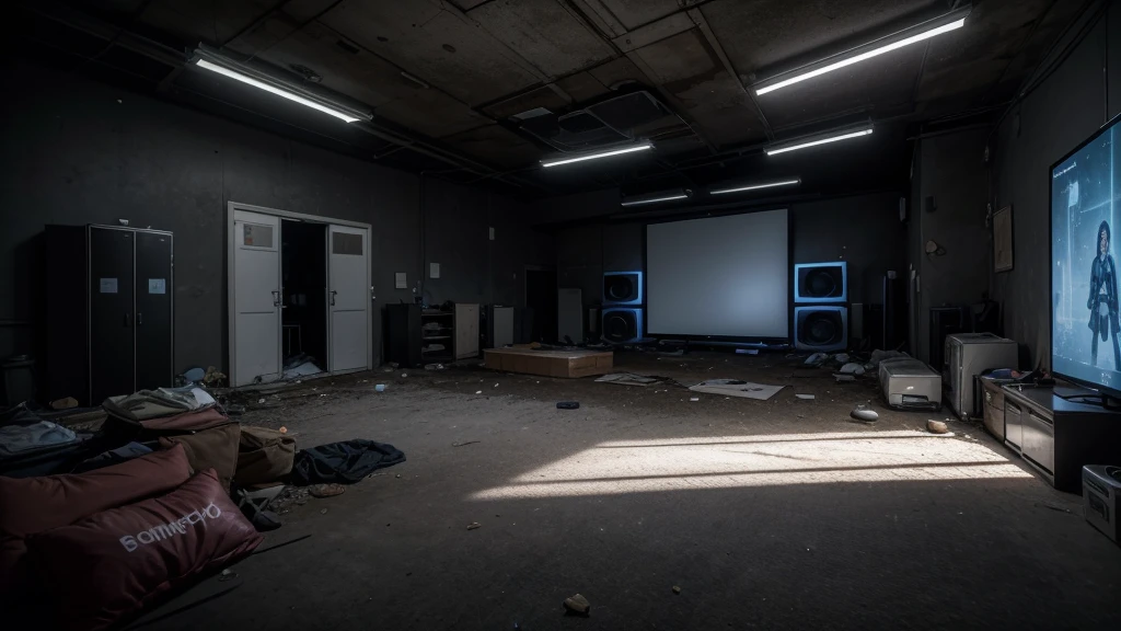 please draw an abandoned, nighttime setting. a comercial room with 8 monitors/TV's, a door opening (without door) on the left and another on the right. Some old stuffed animals lying around and no person in the scene, too dark, camera look to monitors, night light, 4k