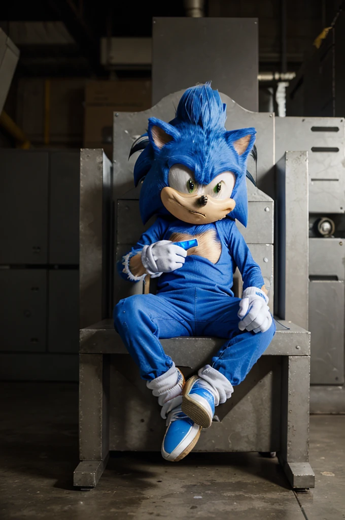 A full shot of a male character, a hedgehog, OC, ((sonic OC)), (Sitting on a throne made with parts of machines)