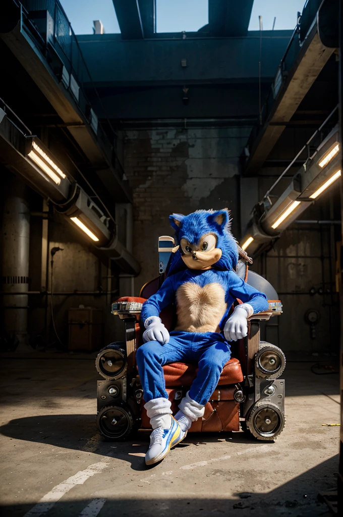 A full shot of a male character, a hedgehog, OC, ((sonic OC)), (Sitting on a throne made with parts of machines)