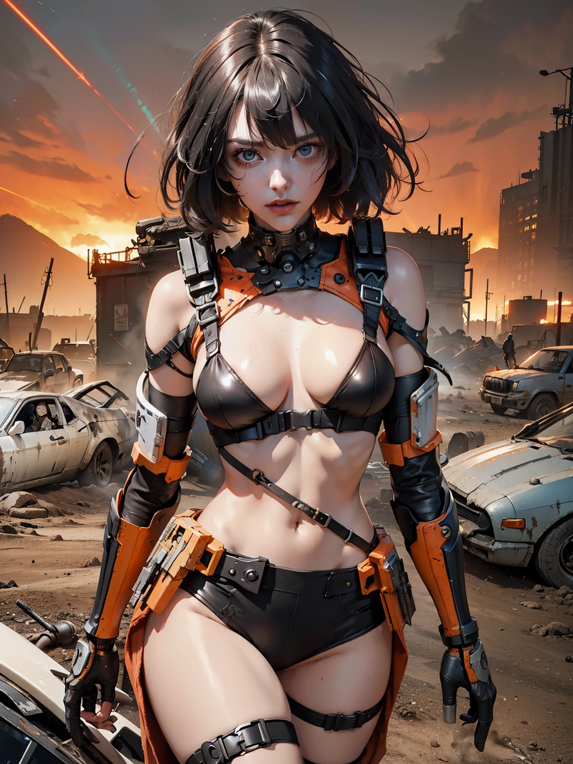 A highly detailed and realistic skull girl,( Anya. Taylor Joy) cyberpunk character, mad max furiosa, one hand robot, cyborg arm, orange hair, dramatic metal heavy rock theme, best quality, 8k, hyperrealistic, photorealistic, extreme detailed painting, studio lighting, vivid colors, dark moody atmosphere, cinematic, dramatic pose, intricate mechanical details, glowing energy effects, intense gritty textures, seamless integration of organic and inorganic elements. Wearing the used clothes of a wastelander. Background: An apocalyptic wasteland. Dusty and depressing.