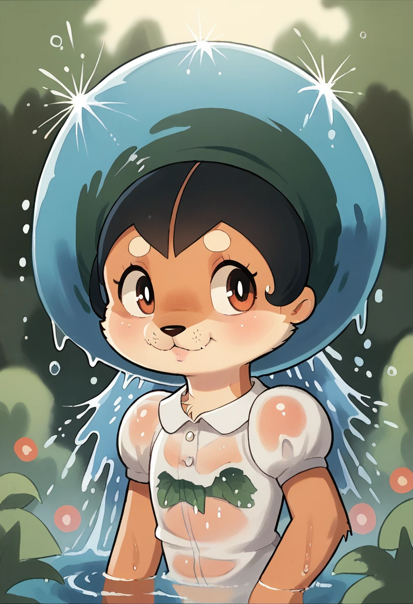(tezuka osamu style) , rococo style , Bokeh , focus face , 1 hairy mature otter girl , Short stature , realistic hairy fur , Round face, swollen cheeks, moist round eyes , hair ties , wet summer dress , in the grass garden , Water splashes , (underwear is slightly visible:0.8)