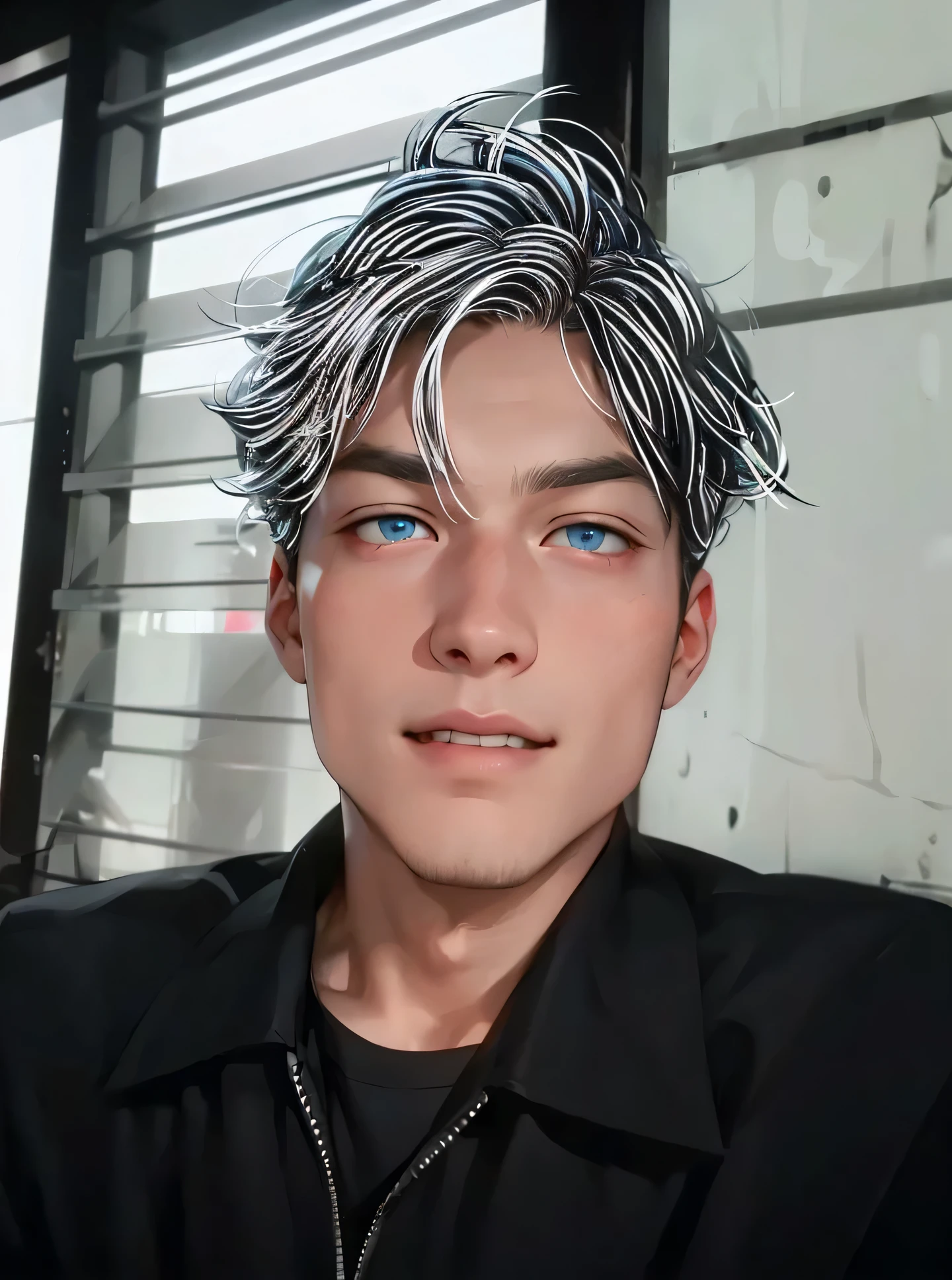A young man, with short black hair, small dark eyes, slanted eyes, short shaved beard, tall and thin body, look cute and innocent, adorable face, wearing a casual white shirt. look ahead, rosto de frente, front-facing, (white hair, buzz haircut), , black shirt, sharp blue eyes