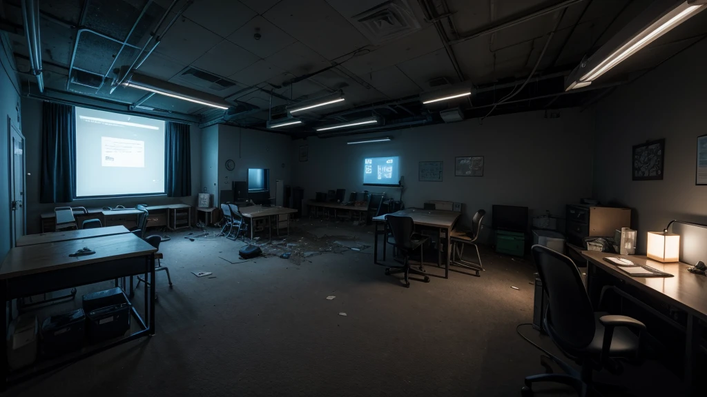 please draw an abandoned, nighttime setting. a company room. Some old stuffed animals lying around and no person in the scene, too dark, camera look to monitors, night light, 4k
