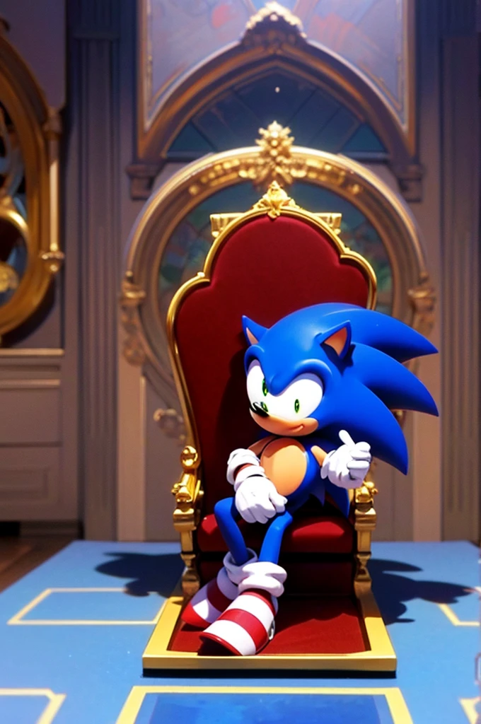 A full shot of a male character, a hedgehog, OC, ((sonic OC)), (Sitting on a throne made with parts of machines)