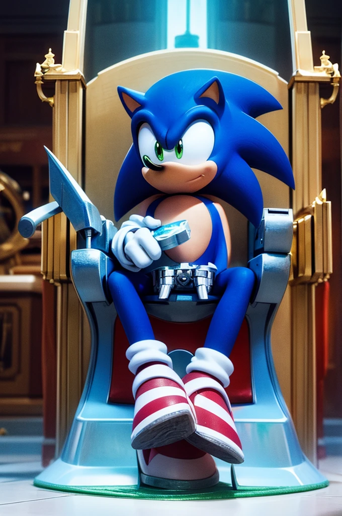 A full shot of a male character, a hedgehog, OC, ((sonic OC)), (Sitting on a throne made with parts of machines)