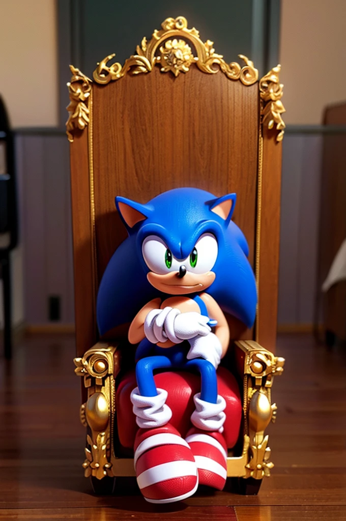 A full shot of a male character, a hedgehog, OC, ((sonic OC)), (Sitting on a throne made with parts of machines)