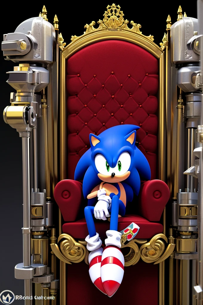 A full shot of a male character, a hedgehog, OC, ((sonic OC)), (Sitting on a throne made with parts of machines)