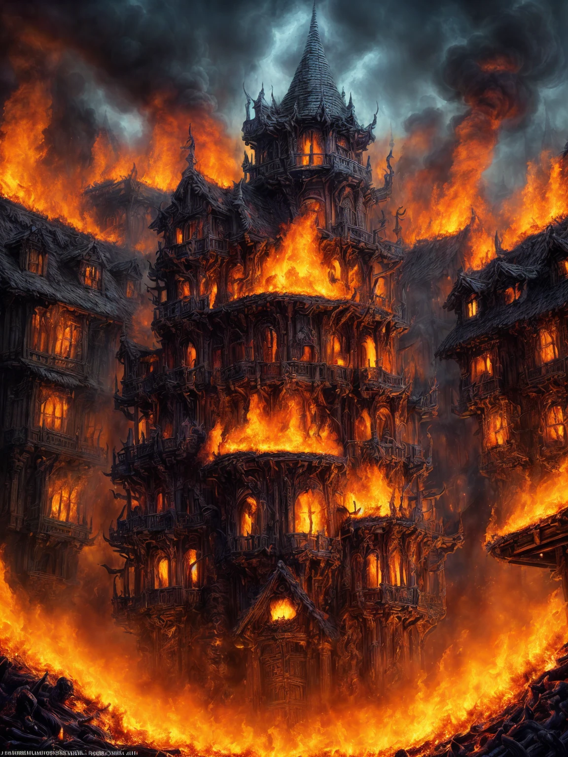 (Award-winning masterpiece:1.5), (incredible detail), (hyper realistic:1.4), (whole body:1.7), (village engulfed in flames), (brutal creature rampaging through the streets), (witches engaging in combat), (spells clashing), (detailed depiction of fire and chaos), (dramatic lighting), (intricate details:1.1)
