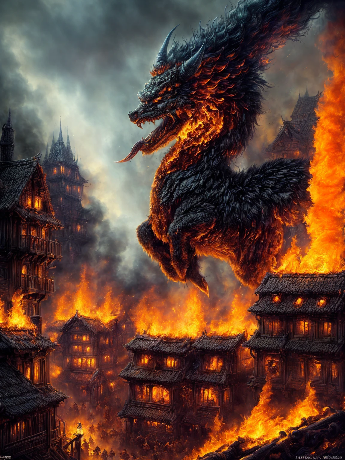 (Award-winning masterpiece:1.5), (incredible detail), (hyper realistic:1.4), (whole body:1.7), (village engulfed in flames), (brutal creature rampaging through the streets), (witches engaging in combat), (spells clashing), (detailed depiction of fire and chaos), (dramatic lighting), (intricate details:1.1)