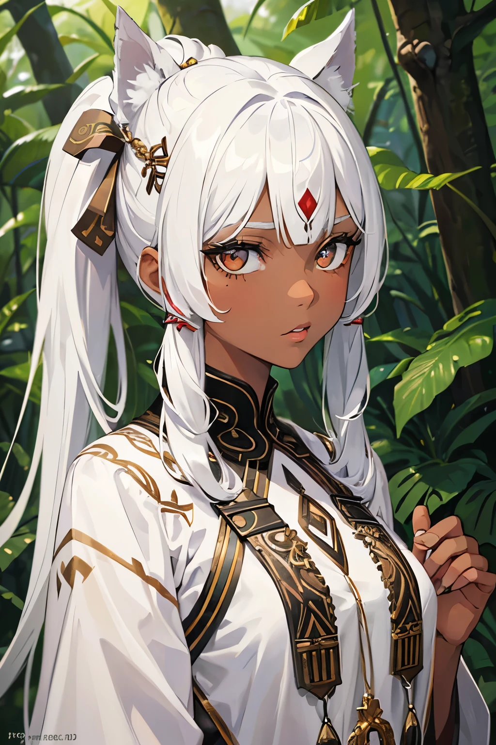 1girl,amazon girl,silver hair,(white eyes color),(white iris),,forest,hd,8k,wearing tribal clothes,add detail,looking at camera,(exotic skin),(dark skin),((no makeup)),((clear face)), nature beauty,raw image,aryan race,native girl,tattered tribal clothes,under poverty