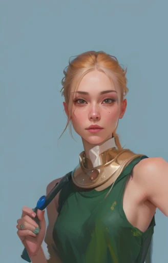painting of a woman with a green top holding a hair brush, halfbody portrait, painted character portrait, unrealistic character concept, half body portrait, digital painted, humanoid portrait, closeup character portrait, stylized portrait, an expressive digital painting, soft portrait, realistic self portrait, anthro portrait, character concept portrait of me, smooth. digital painting, digital portrait