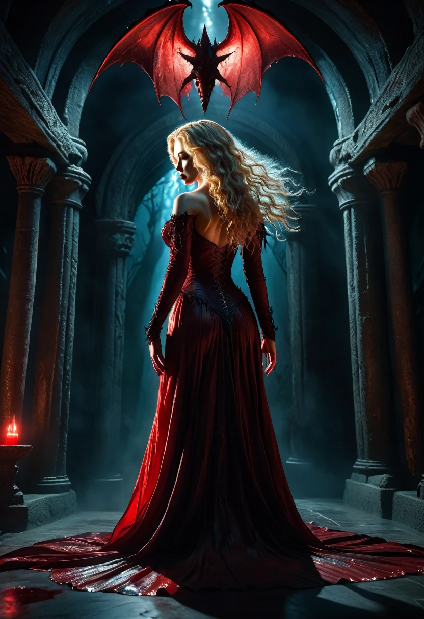 hyper realistic, 8k, award winning digital art, dark fantasy, dramatic lighting, full body shot, facing away, wide angle, back view, deep shadows, a vampiric goddess, extremely detailed skin, perfect blonde wavy hair, (A vampire goddess, she is using her supernatural powers to psychically manipulate blood, making it float around her), hemokinesis, (there are lots of blood lines floating around the environment, flowing towards the vampire goddess's hand), she is wearing a very intricate biological exoskeleton detailed with glass textures, the scene unfolds in a dungeon dimly illuminated by a red glow, pale blue and olive hues, mystical energy, dramatic lighting, chiaroscuro, moody atmosphere, cinematic composition, Yoshitaka Amano style