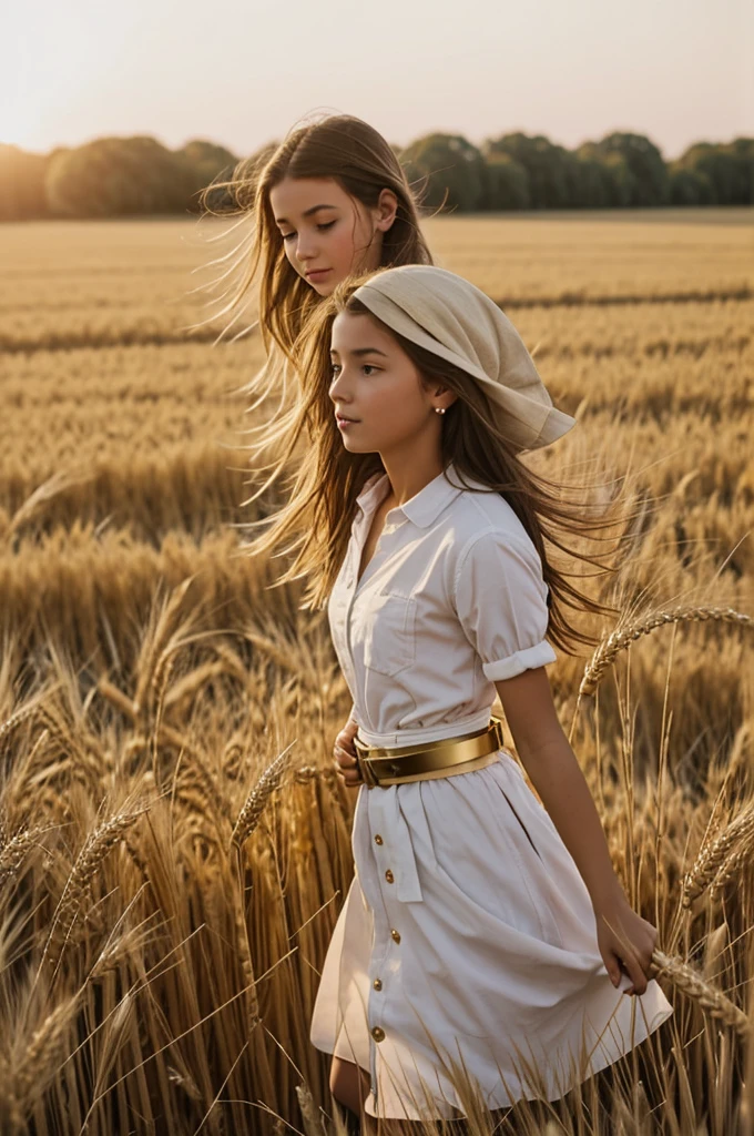 two girls harvesting wheat in the field