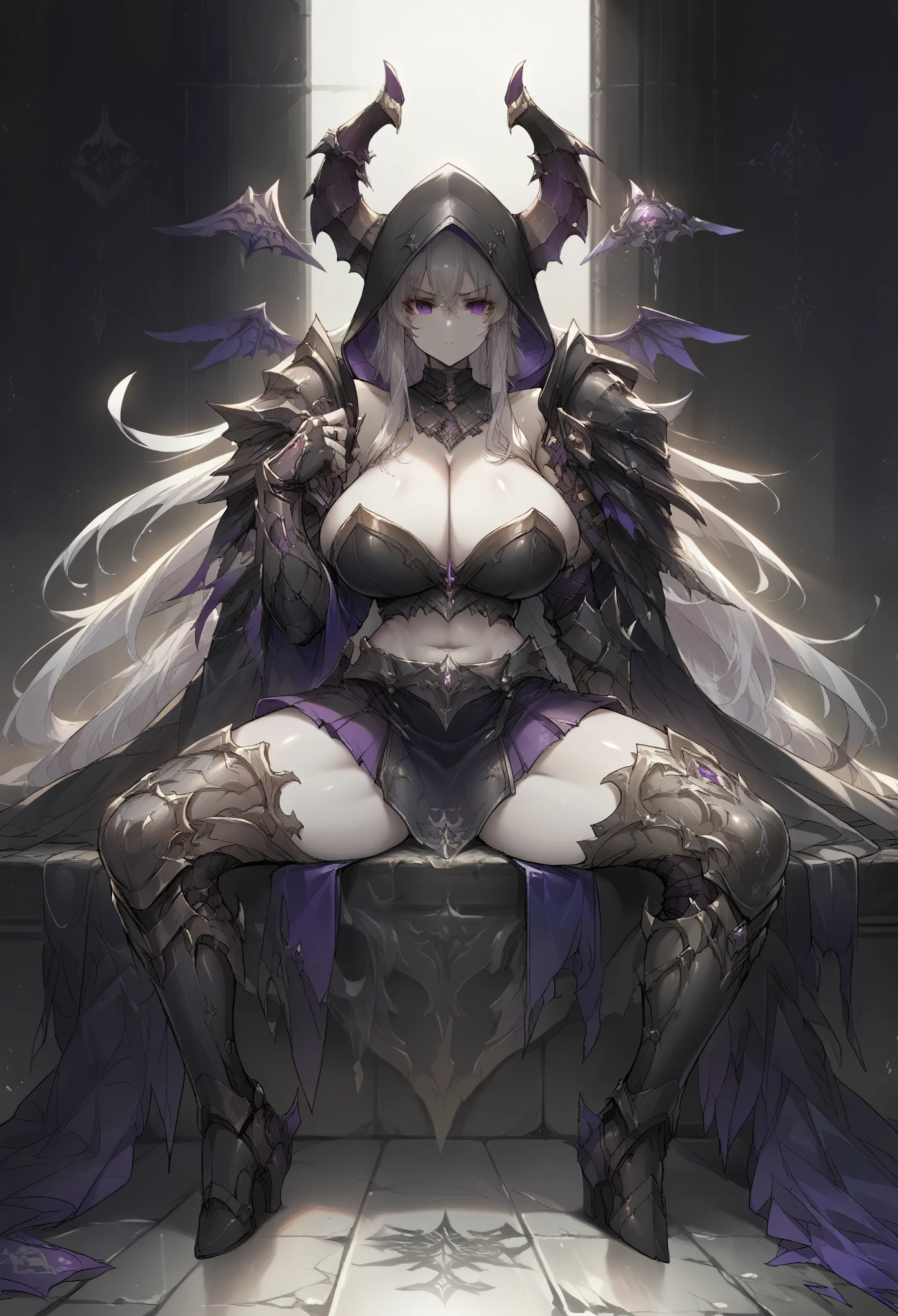 score_9, score_8_up, score_7_up, score_6_up, score_5_up, score_4_up, source_anime, 1girl, pale skin, white hair, (long hair, straight hair), purple eyes, horns, demon horns, black hood, (ornate armor), strapless, cleavage, midriff, zettai ryouiki, curvy, huge breasts, wide hips, greaves, sitting, spread legs, dishwasher1910
