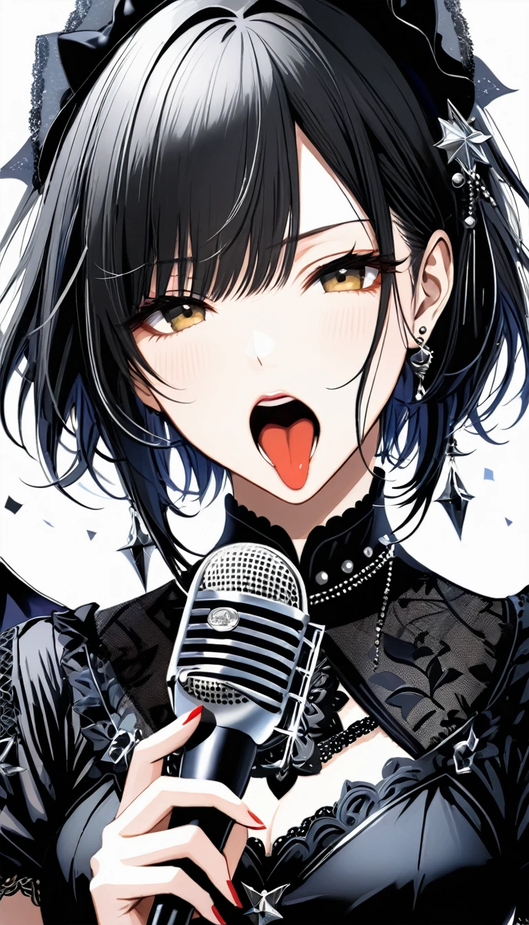 (((White background:1.2)))、masterpiece、Ultra HD、(Swedish metal rock girl singing with a microphone),  Intricate details, Highly detailed facial expressions, Gothic Dress, Intricate details、Black short hair、Sing with your mouth slightly open、Upper body reflected、Don&#39;t stick your tongue out、Dynamic