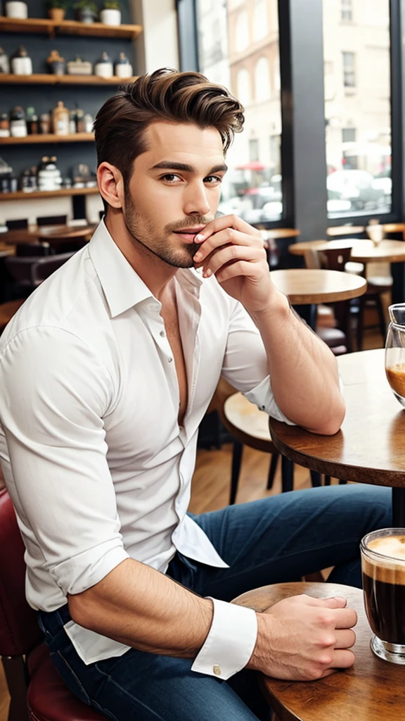 A sexy handsome man in a cafe, sitting and drinking coffee, homoerotic, handsome face, gorgeous hair, fashionable clothes , homoerotic, nsfw