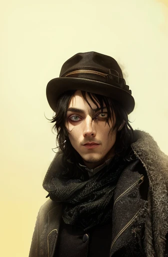 there is a man with a hat and scarf on posing for a picture, inspired by Yamagata Hiro, inspired by Syd Barrett, post grunge portrait, alex from a clockwork orange, scary look, with black sclera eyes, inspired by Antonin Artaud, inspired by Yukihiko Yasuda, with haunted eyes and dark hair, black eyes and sclera