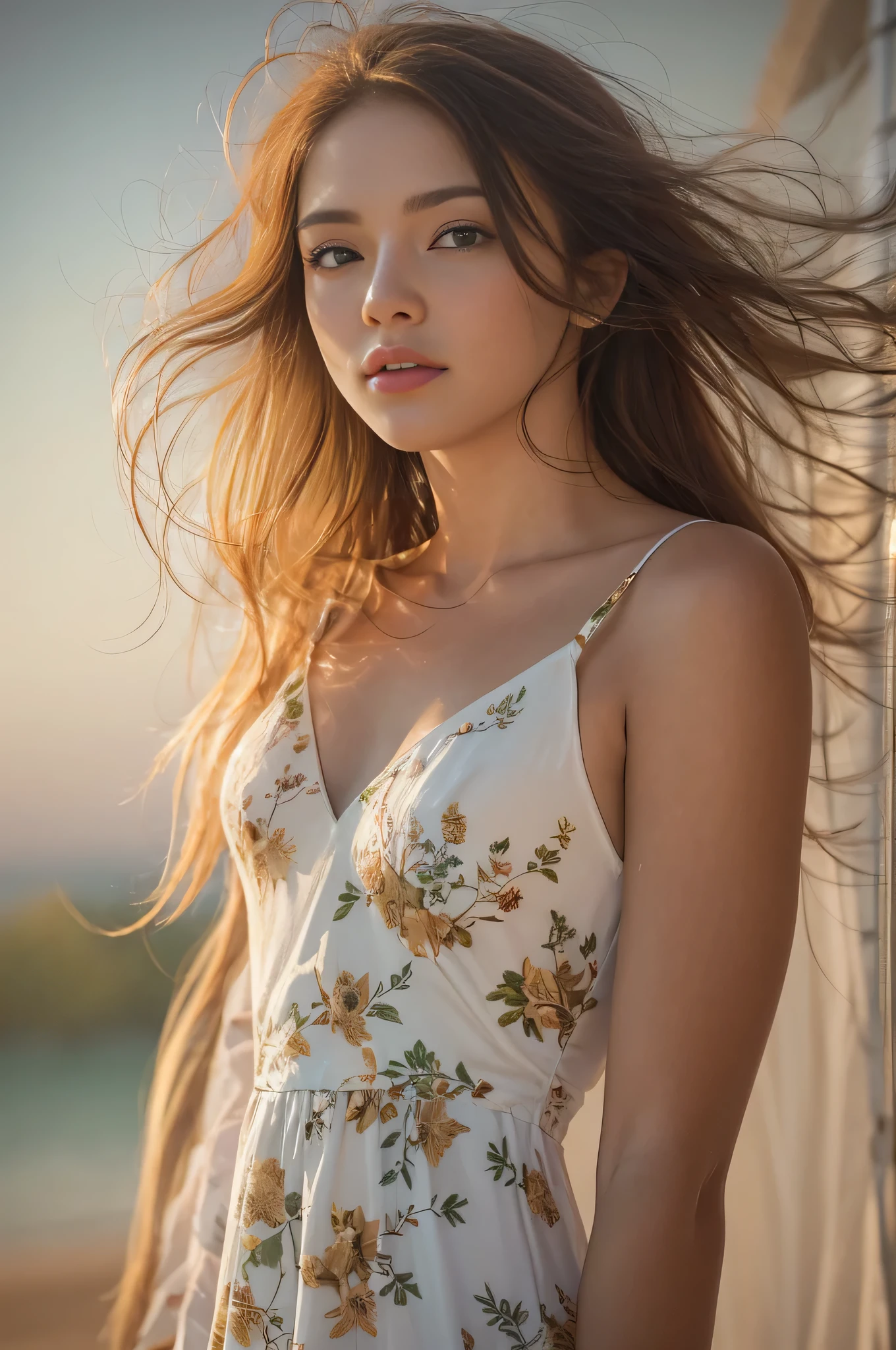 lndswgnr, (Sharp focus: 1.5), (sharp focus:1.2), portrait, attractive young woman, (beautiful face:1.1), detailed eyes, luscious lips, (eye makeup:1.2), (tight body:1.2),
wearing (white floral summer dress:1.2) at (the beach:1.2).
(morning sun lighting:1.2), depth of field, bokeh, 4K, HDR. by (James C. Christensen:1.2|Jeremy Lipking:1.1).
NSFW, moist skin, seductive smile