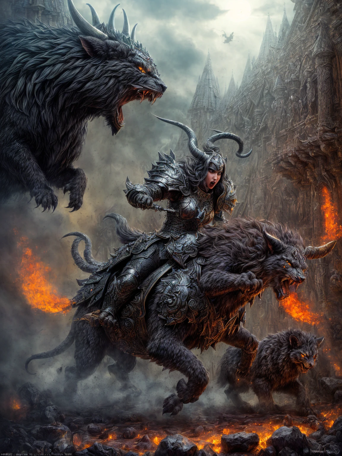 (Award-winning masterpiece:1.5), (incredible detail), (hyper realistic:1.4), (whole body:1.7), (witches defending their village), (brutal creature roaring in fury), (intense battle scene), (detailed depiction of enchanted armor and weapons), (blood-stained ground), (dramatic lighting), (intricate details:1.1)