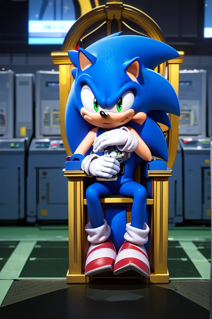 A full shot of a male character, a hedgehog, OC, ((sonic OC)), (Sitting on a throne ((made with parts of machines)))