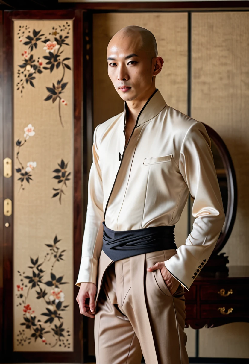 half body picture of a bald japanese model man, small long head, wearing an elegant western dress, pants, in elegant room