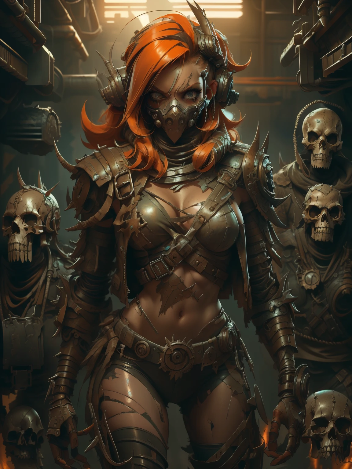 A highly detailed and realistic skull girl,( Anya. Taylor Joy) cyberpunk character, mad max furiosa, one hand robot, cyborg arm, orange hair, dramatic metal heavy rock theme, best quality, 8k, hyperrealistic, photorealistic, extreme detailed painting, studio lighting, vivid colors, dark moody atmosphere, cinematic, dramatic pose, intricate mechanical details, glowing energy effects, intense gritty textures, seamless integration of organic and inorganic elements. Wearing the used clothes of a wastelander. Background: An apocalyptic wasteland. Dusty and depressing.