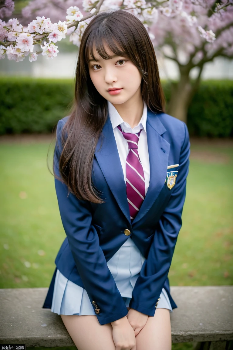 (8K), (Highest quality: 1.2), (Realistic), (Realistic: 1.37), Ultra-high resolution, 1 Girl, cute, face, Mouth closed, Beautiful details, Beautiful Nose,Beautiful Hair,Long Tail,Big thighs,chest,High school uniform,A simple dark blue satin blazer,Satin White Blouse,tie,Pleated skirt,School,Cherry tree in full bloom,(スカートとtieの柄は濃紺のタータンチェック柄です..:1.3),(The check pattern on the skirt is a little small..:1.2),Close up on thighs,avert your eyes,