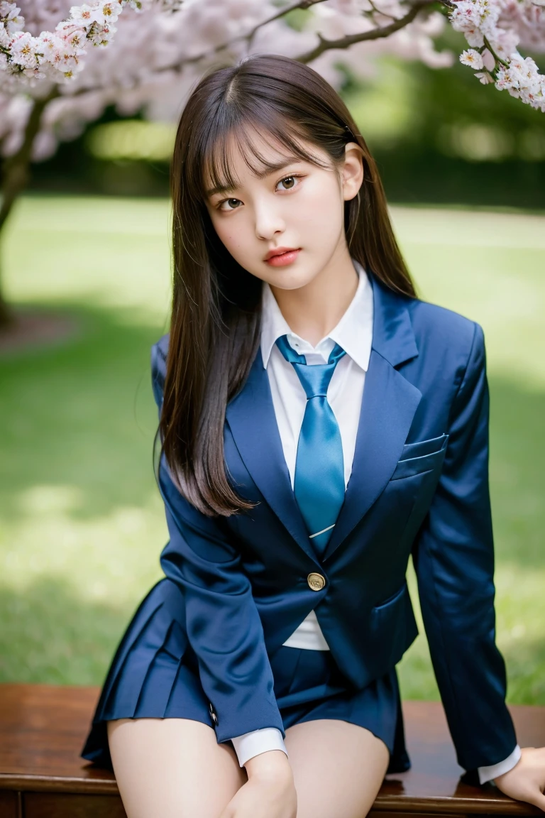 (8K), (Highest quality: 1.2), (Realistic), (Realistic: 1.37), Ultra-high resolution, 1 Girl, cute, face, Mouth closed, Beautiful details, Beautiful Nose,Beautiful Hair,Long Tail,Big thighs,chest,High school uniform,A simple dark blue satin blazer,Satin White Blouse,tie,Pleated skirt,School,Cherry tree in full bloom,(スカートとtieの柄は濃紺のタータンチェック柄です..:1.3),(The check pattern on the skirt is a little small..:1.2),Close up on thighs,avert your eyes,