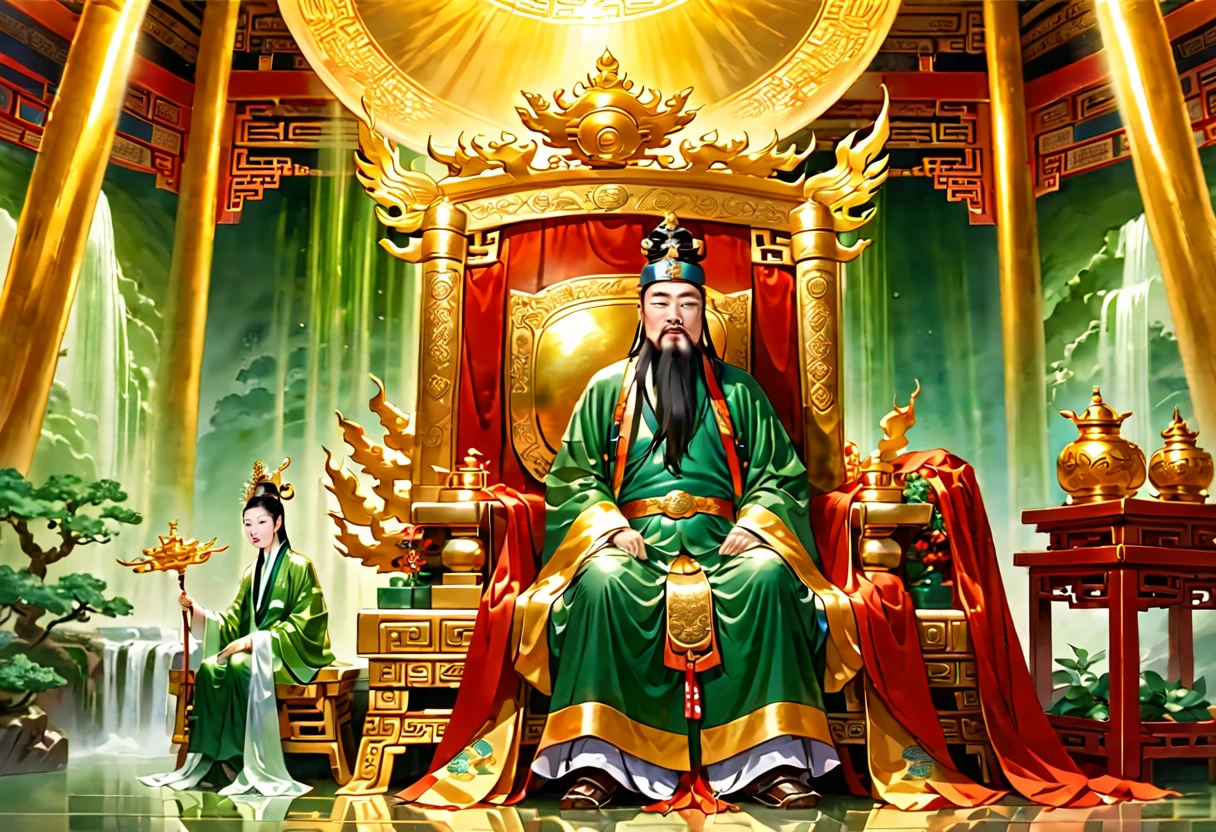 show a meeting between 2 people, a jade Emperor seated on a magnificent golden throne in the heavenly realm looks to a young farmer who is in simple clothing stands respectfully before him