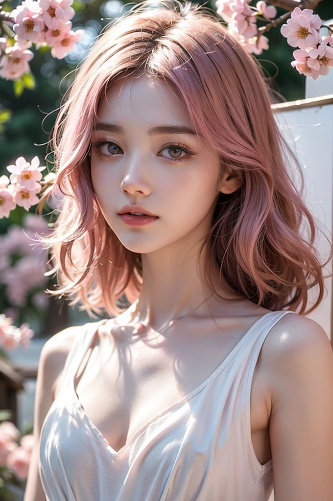 Light pink hair, pink eyes, pink and white, sakura leafs, vivid colors, white dress, paint splash, simple background, ray tracing, wavy hair