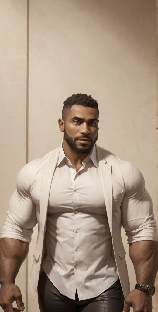 1boy, Egyptian, solo, facial hair,34 yrs old, dom, male focus, bara, muscular, mature male, muscular male, beard, short hair, thick eyebrows, brown-skinned male, thighs, fancy suit, dark skin, tie, tight white shirt, tight pants, open jacket, black police suit, police uniform, feet out of frame, thick thighs, looking at viewer, masterpiece, 4k, high quality, highres, absurdres,