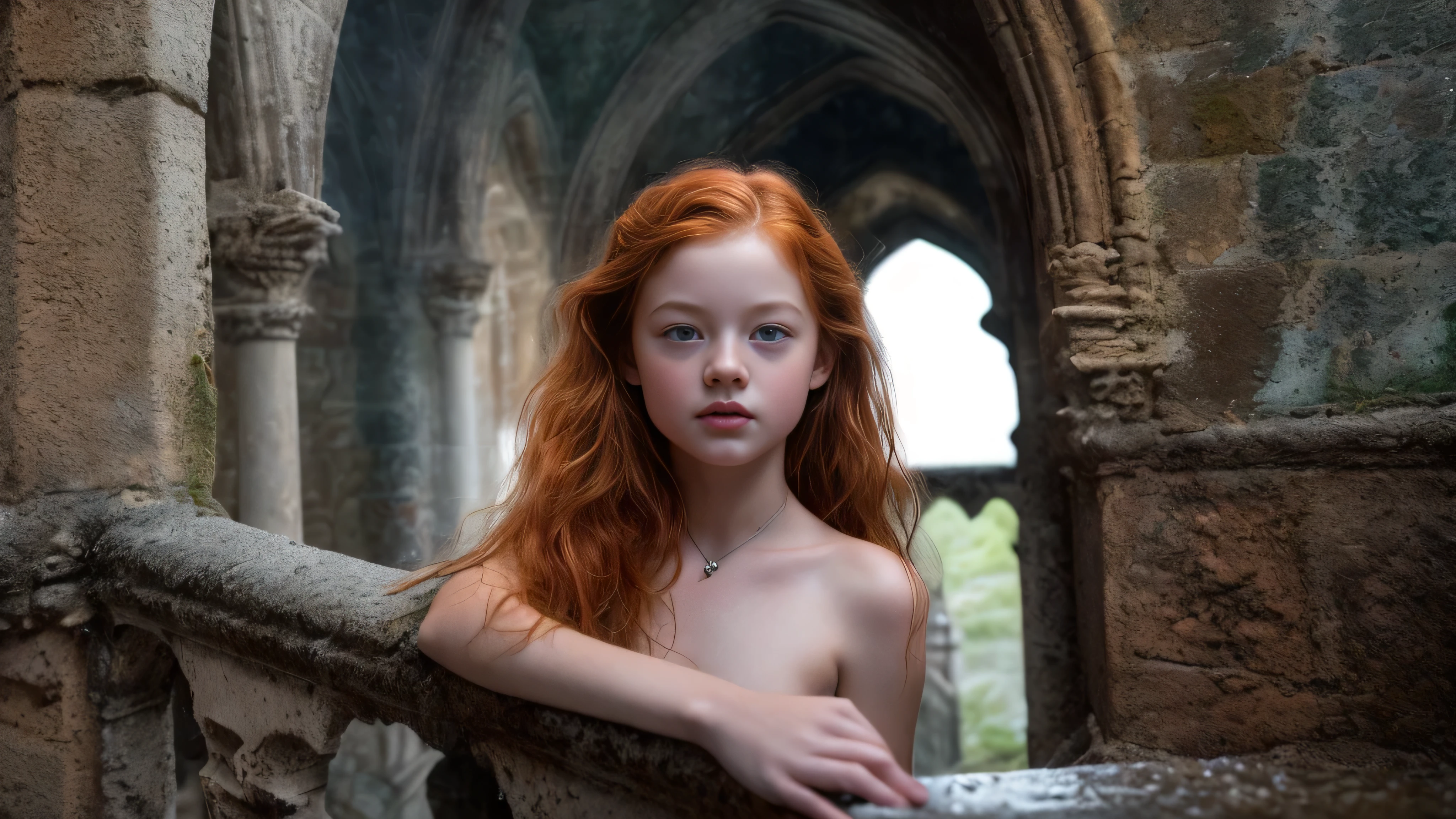 (Mackenzie Foy ginger hair teen girl,13 years old with, hand, fingers in vagina:1.3),  (naked, nude:1.8), (without clothes:1.8),(long, messy hair:1.3), blue eyes, detailed eyes, detailed lips, (lies nude, sensual, full body:1.5), (photo from low angles:1.5), (creepy and scary interior of a Gothic castle, abandoned with fog and fog, snow, green moss: 1.3), low neck, ray tracing, (best quality, 4k, 8k, high resolution, masterpiece:1.2), very detailed, (realistic , photorealistic, photorealistic :1.37), HDR, UHD, masterpiece, professional, vivid colors, bokeh, studio lighting