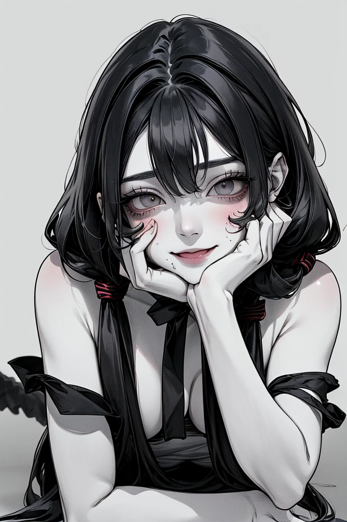Top Quality, (Background detailed), Empty eyes, Approaching on all fours, Full body, Drooling, Underwear, High Contrast, Super Beautiful Girl, Detailed Original Illustration, Sensual, Delicate face, Charming, Bad girl, Sexy, Staring into camera, Real breasts, Twintails, Stalker, Crazy smile , pale skin, bloody, black hair, yandere, beautiful line drawing
