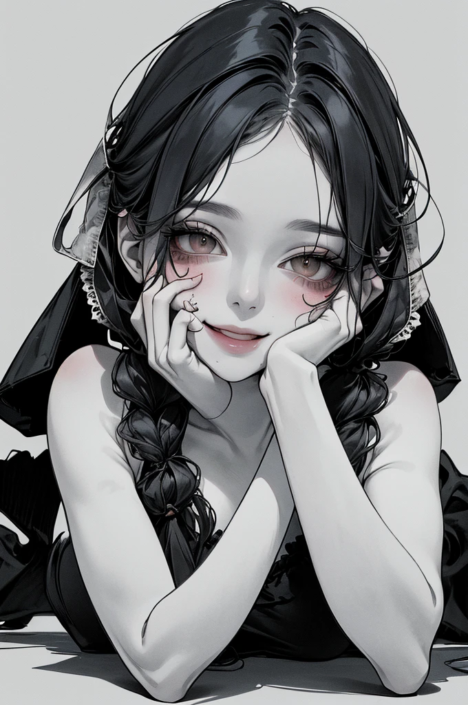 Top Quality, (Background detailed), Empty eyes, Approaching on all fours, Full body, Drooling, Underwear, High Contrast, Super Beautiful Girl, Detailed Original Illustration, Sensual, Delicate face, Charming, Bad girl, Sexy, Staring into camera, Real breasts, Twintails, Stalker, Crazy smile , pale skin, bloody, black hair, yandere, beautiful line drawing
