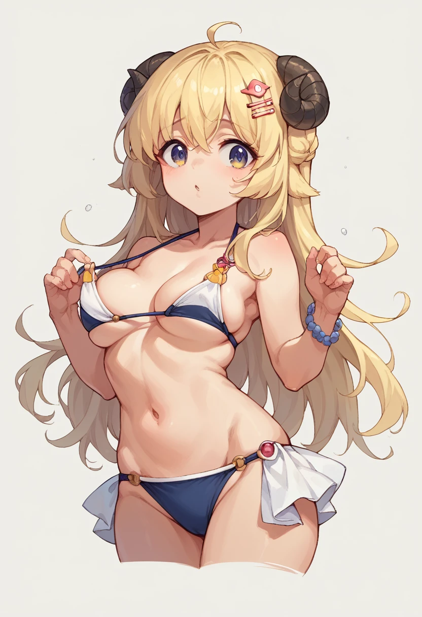 (masterpiece,Highest quality),Intricate details,One girl,Watame Base,Swimwear,bikini,Long Hair,Ahoge,Hair Clip,show off nipple