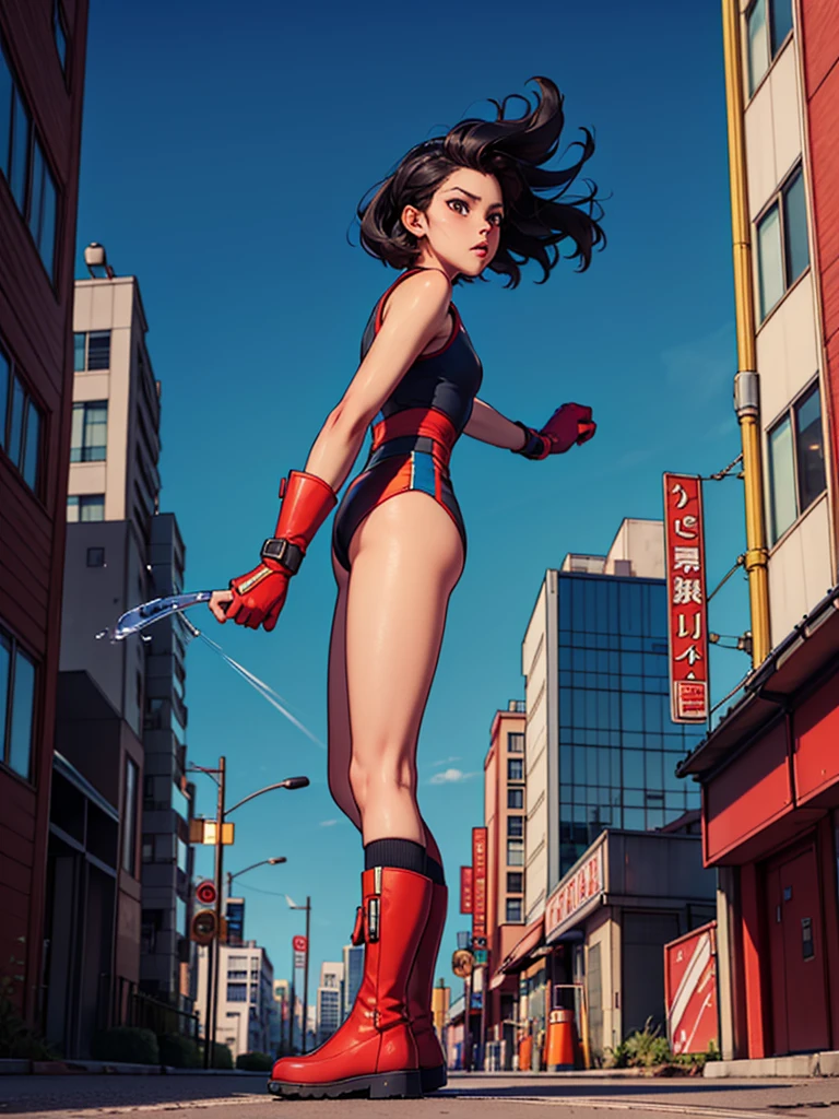 ((masterpiece)), ((best quality)), ((highres)), beautiful woman, splash art, 8K, solo, superhero, bare legs, (tight leotard: 1), hands on hip, city backdrop, knee boots, (perfect hands: 1), sparkling, light particles
