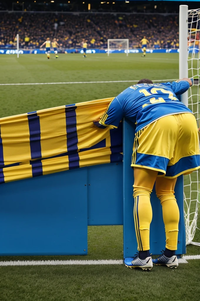 Swollen behind a soccer goal, supporting your team with blue and yellow colors