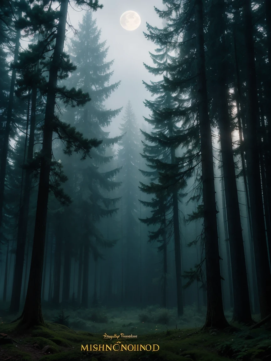 a misty forest background at night, with tall trees and a full moon partially hidden by clouds. Surrounding the central text are subtle gold musical note icons and classical instrument silhouettes. In the bottom right corner, a highlighted phrase: soft light effect illuminates the center of the banner, highlighting the text and creating a mysterious and captivating atmosphere.